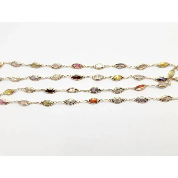 Unique 14K Solid Yellow Gold Multi Colored Gemstone Link Chain Necklace - 24" L